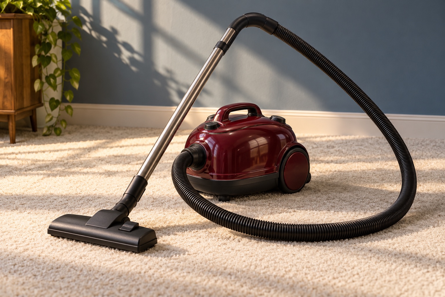 Illustrative burgundy canister vacuum in soft afternoon light on a carpet